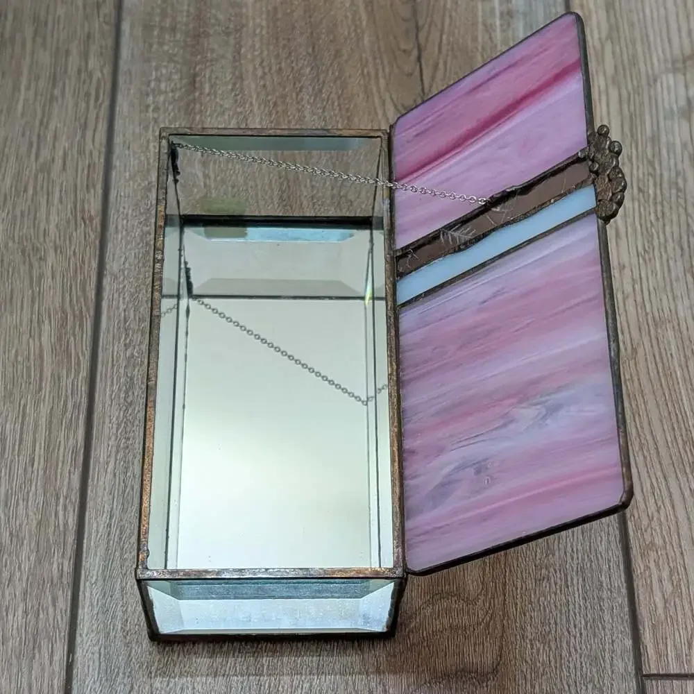Vintage Stained Glass Jewelry Box with Pink Swirl Art Glass Lid and Mirrored Bot